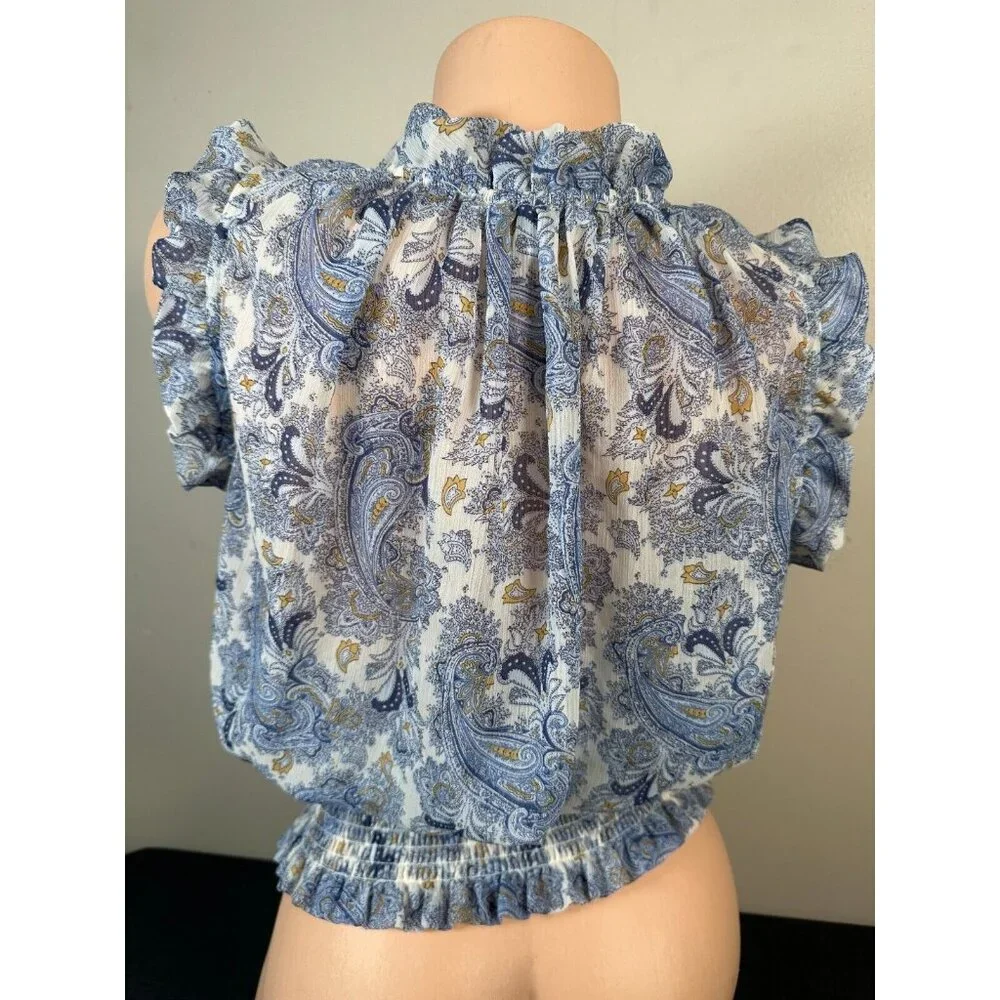 Maison D'Amelie Medium Top Floral Flowy Ruffled Blue Cinch Waist Sleeveless